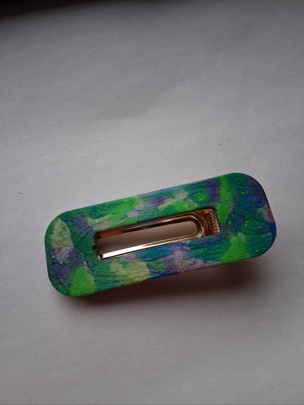 5/$25 Hand Crafted Green and Blue Marble Hair Clip with Gold Accent